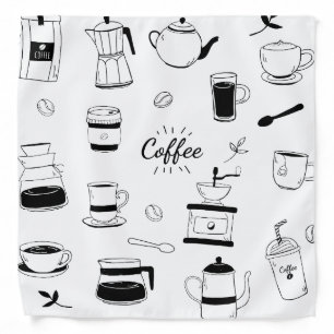 Hand Drawn Black Coffee and Cafe Pattern Bandana