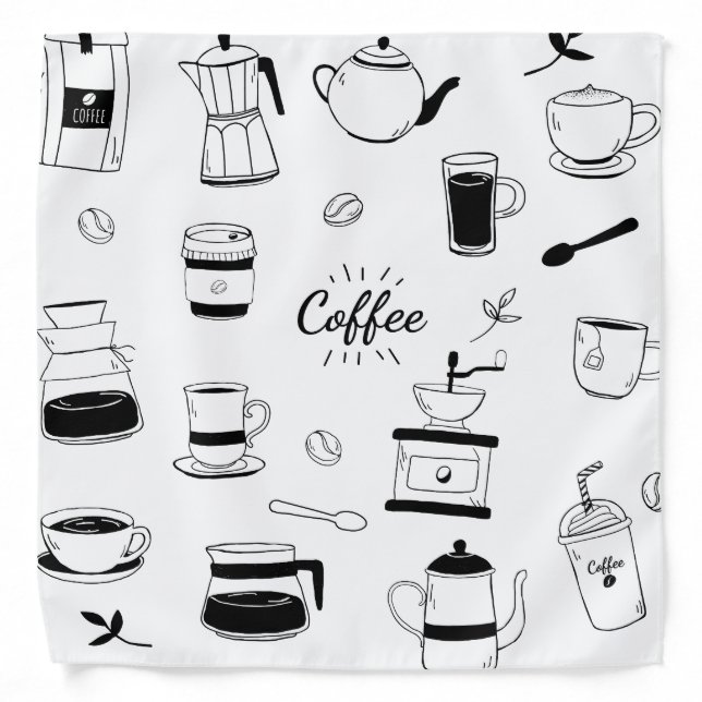 Hand Drawn Black Coffee and Cafe Pattern Bandana (Front)