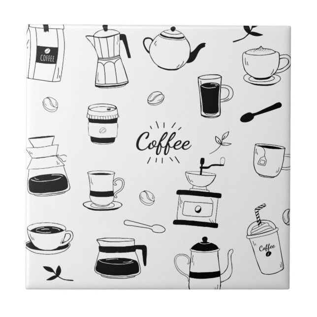 Hand Drawn Black Coffee and Cafe Pattern Ceramic Tile (Front)