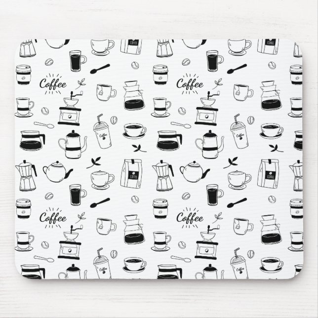 Hand Drawn Black Coffee and Cafe Pattern Mouse Pad (Front)