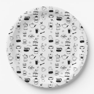 Hand Drawn Black Coffee and Cafe Pattern Paper Plates