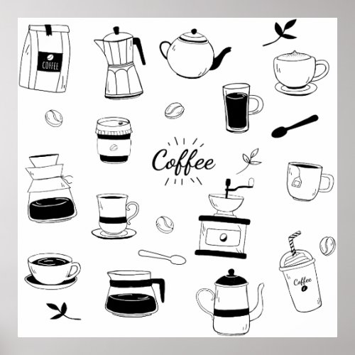 Hand Drawn Black Coffee and Cafe Pattern Poster