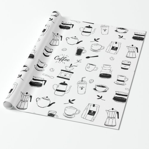 Hand Drawn Black Coffee and Cafe Pattern Wrapping Paper