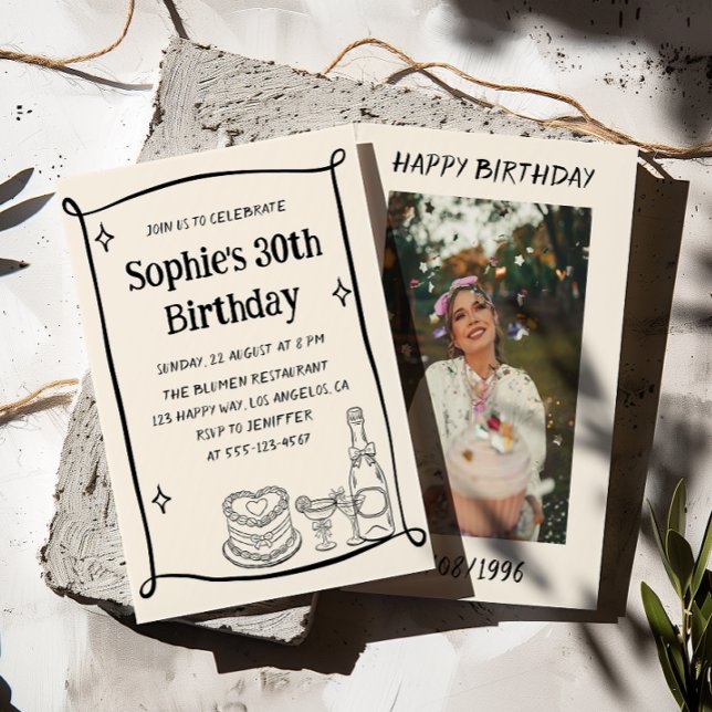 Hand Drawn Black & Cream 30TH Birthday Photo  Invitation (Creator Uploaded)