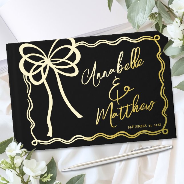 Hand Drawn Black Gold Bow Wedding Foil Guest Book (Hand Drawn Black Gold Bow Wedding Foil Guest Book)