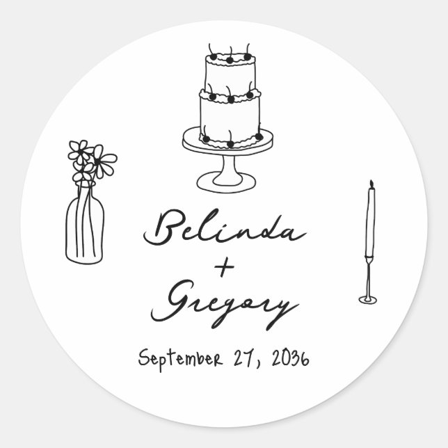 Hand Drawn Black Illustrations Doodles Wedding Classic Round Sticker (Front)