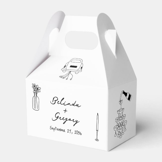 Hand Drawn Black Illustrations Doodles Wedding Favor Boxes (Front Side)