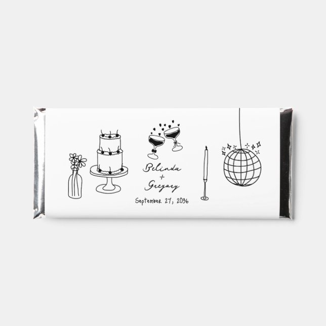 Hand Drawn Black Illustrations Doodles Wedding Hershey Bar Favors (Front)