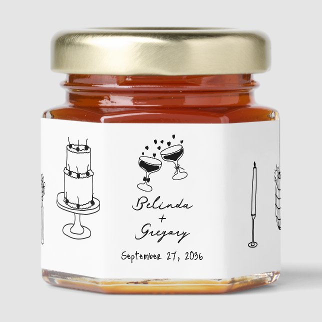 Hand Drawn Black Illustrations Doodles Wedding Honey Jar Favors (Front)