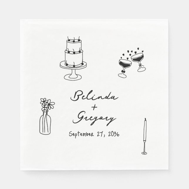 Hand Drawn Black Illustrations Doodles Wedding Napkins (Front)