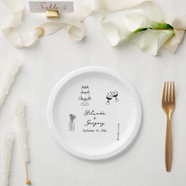 Hand Drawn Black Illustrations Doodles Wedding Paper Plates (Wedding)