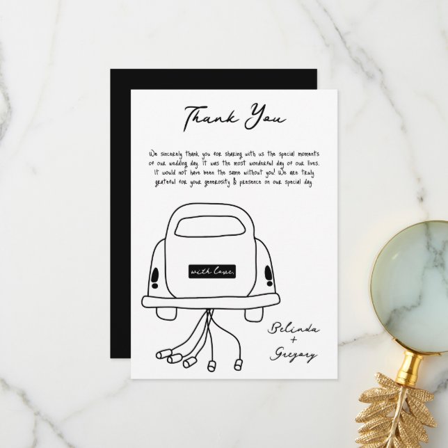 Hand Drawn Black Illustrations Doodles Wedding Thank You Card (Front/Back In Situ)