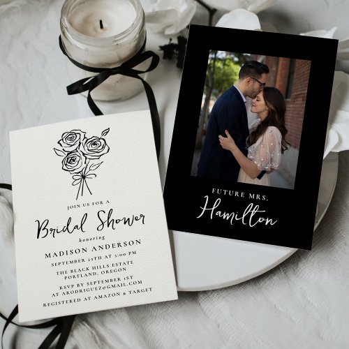 Hand_Drawn Black Rose Bouquet Photo Bridal Shower Invitation