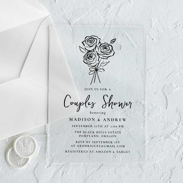 Hand-Drawn Black Rose Couples Bridal Shower Acrylic Invitations (Creator Uploaded)