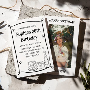 Hand Drawn Black & White 30TH Birthday Photo Invitation