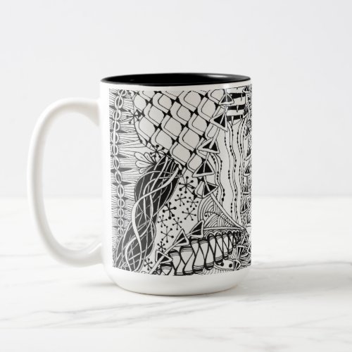 Hand_Drawn Black  White Doodle Pattern Art ZIA Two_Tone Coffee Mug