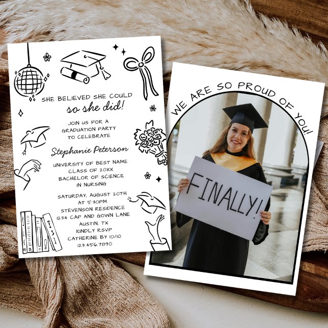 Hand Drawn Black & White Doodle Photo Graduation Invitation (Creator Uploaded)
