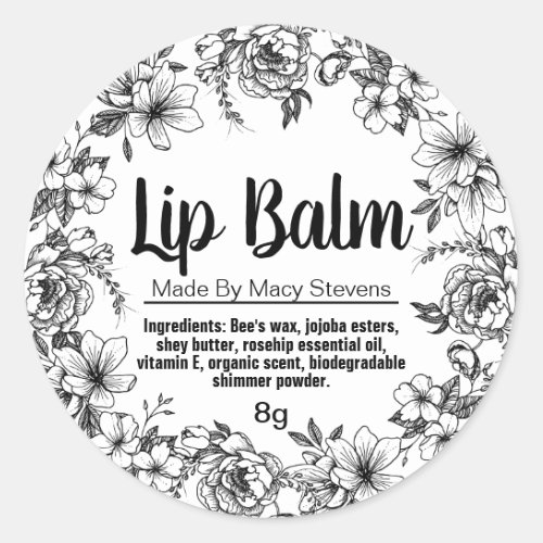 Hand Drawn Black White Flowers Lip Balm Pot Labels