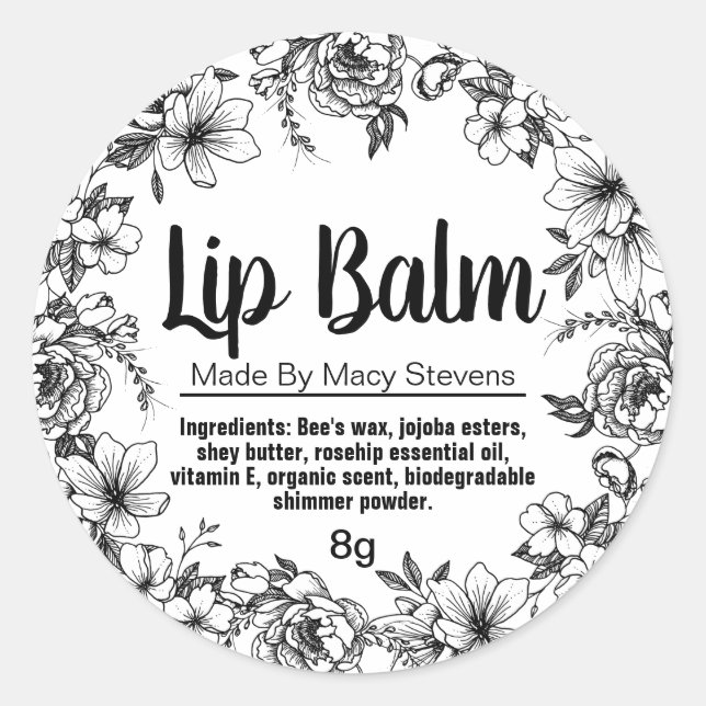 Hand Drawn Black White Flowers Lip Balm Pot Labels (Front)