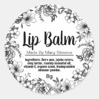 Hand Drawn Black White Flowers Lip Balm Pot Labels