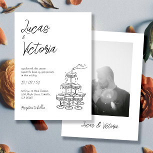 Hand Drawn black&white photo Whimsical Wedding  Invitation