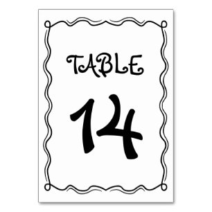 Hand drawn black, white squiggle whimsical frame table number