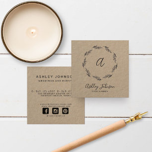 Hand Drawn Black Wreath Monogram Initial Kraft Square Business Card