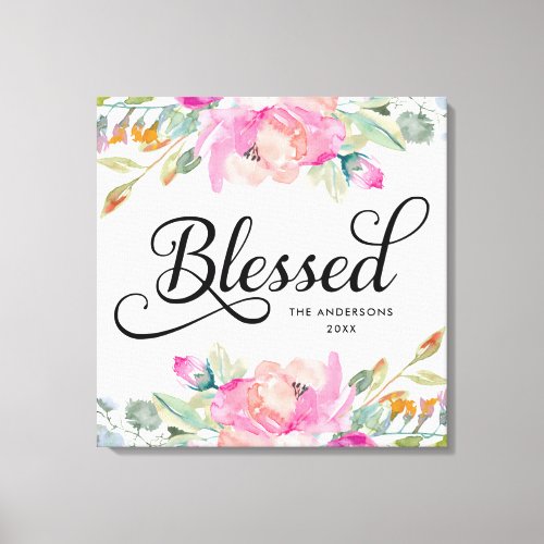 Hand Drawn Blessed Soft Pink Floral Canvas Print