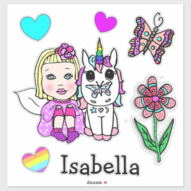 Hand Drawn Blonde Fairy, Unicorn and Name Sticker (Sheet)