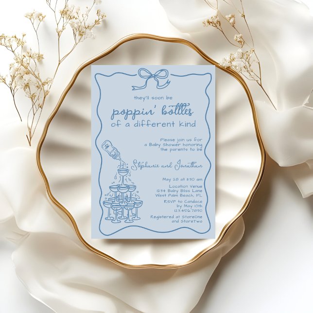 Hand Drawn Blue Bottle Champagne Tower Baby Shower Invitation (Creator Uploaded)