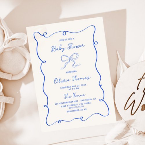 Hand Drawn Blue Bow Baby Shower Invitation