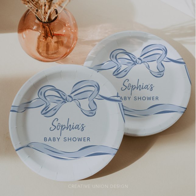 Hand Drawn Blue Bow Boy Baby Shower Paper Plates (boy baby shower)