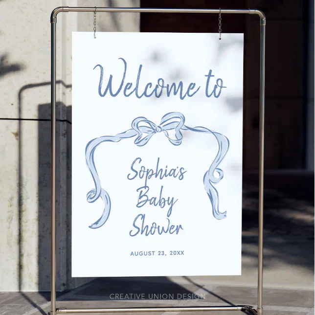 Hand Drawn Blue Bow Boy Baby Shower Welcome Sign | Zazzle