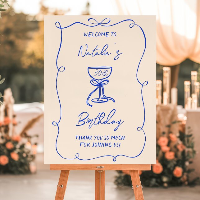 Hand Drawn Blue Bow Champagne Birthday Welcome Foam Board (Creator Uploaded)