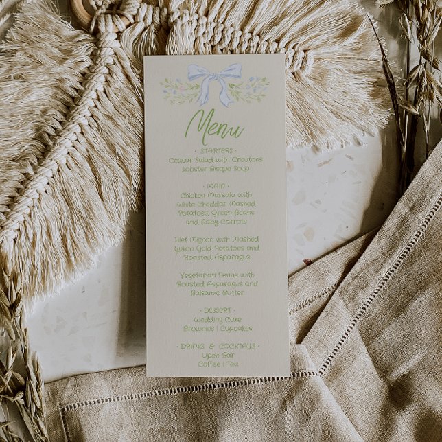 Hand Drawn Blue Bow Floral Summer Wedding Menu  (Creator Uploaded)
