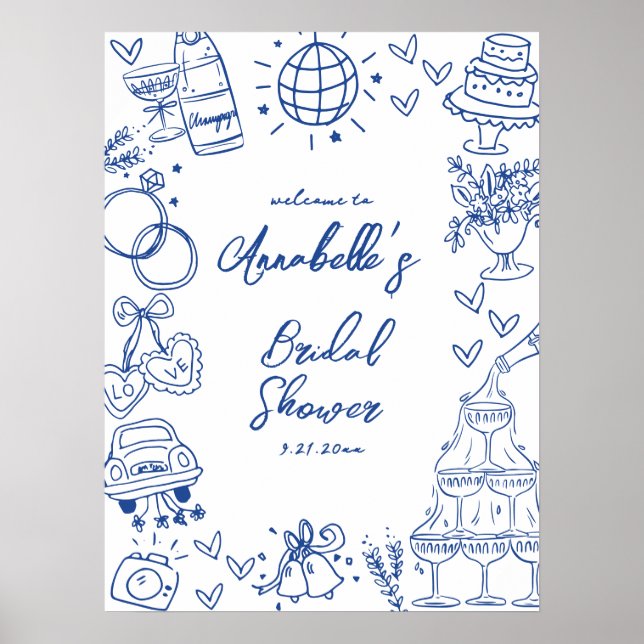 Hand Drawn Blue Bridal Shower Welcome Sign (Front)
