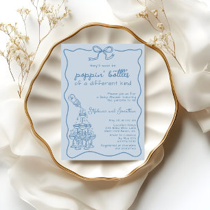 Hand Drawn Blue Champagne Happy Hour Baby Shower Invitation