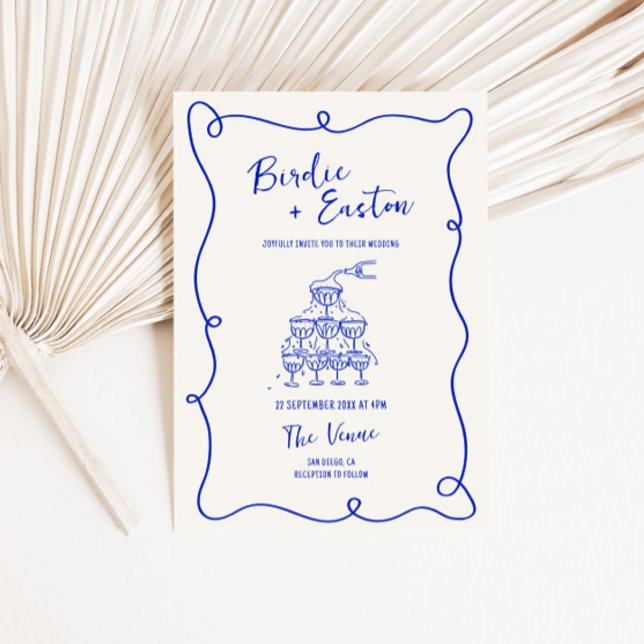 Hand Drawn Blue Champagne Tower Wedding Invitation (Creator Uploaded)