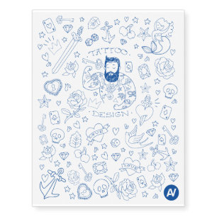 Hand Drawn Blue Collection Temporary Tattoos