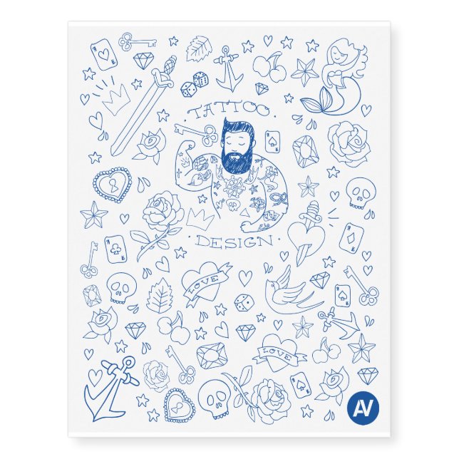 Hand Drawn Blue Collection Temporary Tattoos (Front)