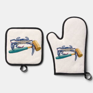 Hand Drawn Blue Crab with Hammer Mallet Crab Boil Oven Mitt & Pot Holder Set