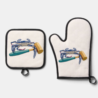 Hand Drawn Blue Crab with Hammer Mallet Crab Boil Oven Mitt & Pot Holder Set