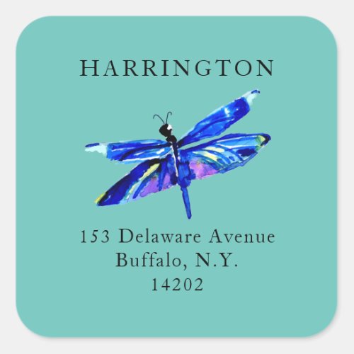 Hand_Drawn Blue Dragonfly Teal Return Address Square Sticker