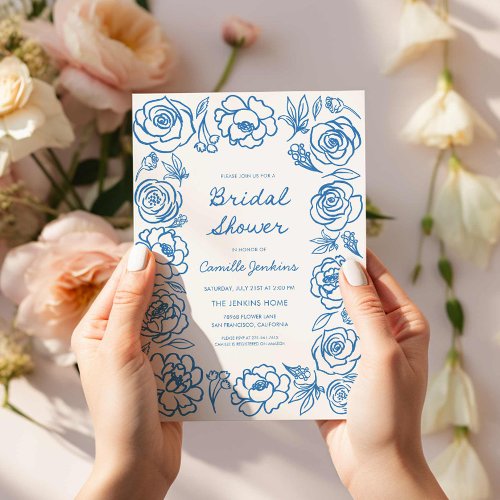 Hand Drawn Blue Floral Bridal Shower Invitation
