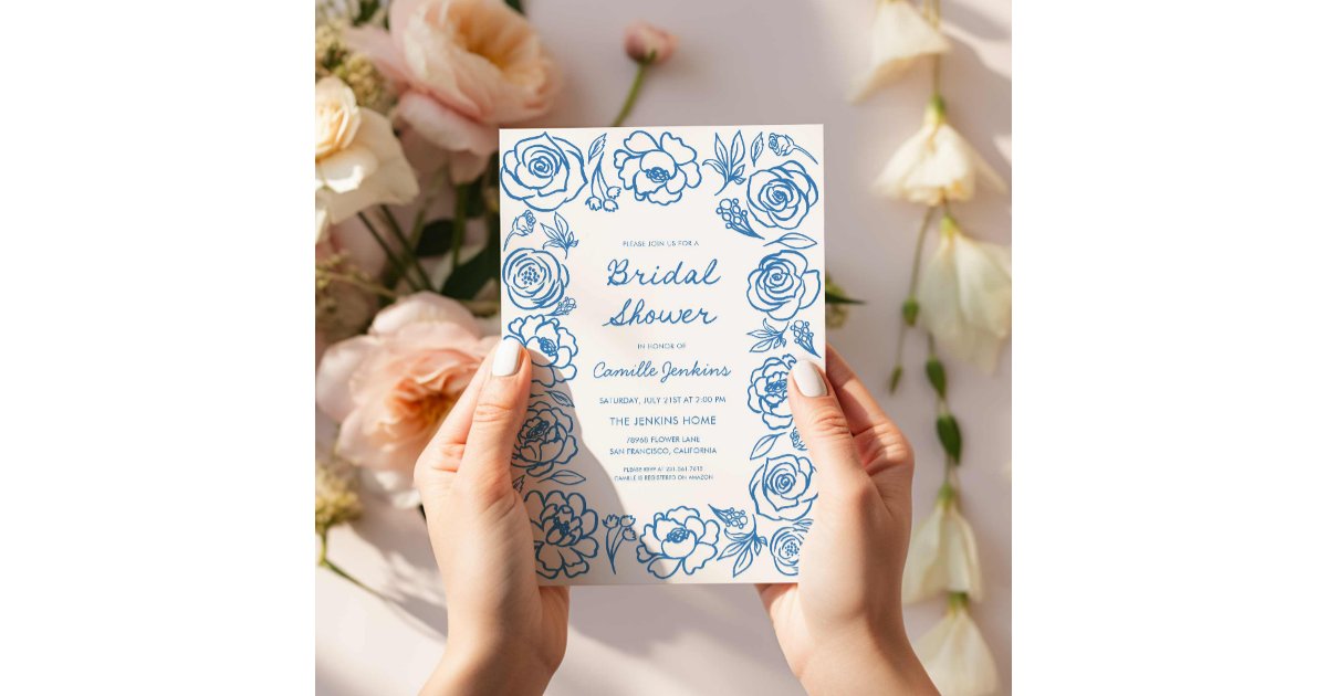 Hand Drawn Blue Floral Bridal Shower Invitation