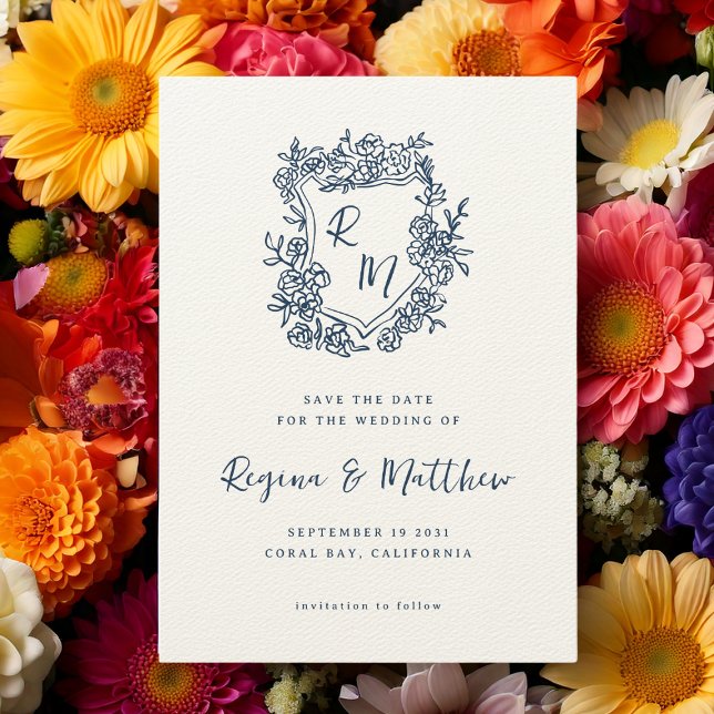 Hand Drawn Blue Floral Crest Monogram Wedding Save The Date (Creator Uploaded)