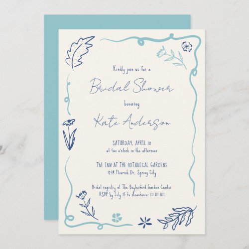Hand Drawn Blue Floral Wavy Frame Bridal Shower Invitation