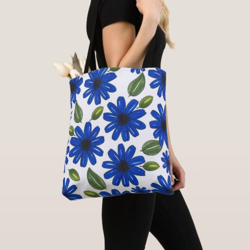 Hand Drawn Blue Flower Pattern Tote Bag
