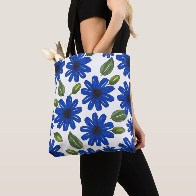 Hand Drawn Blue Flower Pattern Tote Bag (Close Up)