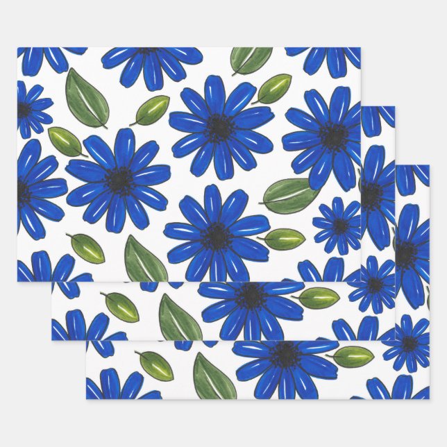 Hand Drawn Blue Flower Pattern Wrapping Paper Sheets (Set)